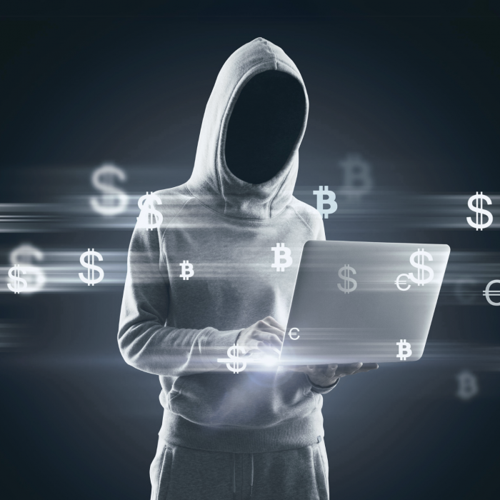 1 2 » admin by request Hooded hacker holding a laptop while dollar signs swirl around them » admin by request