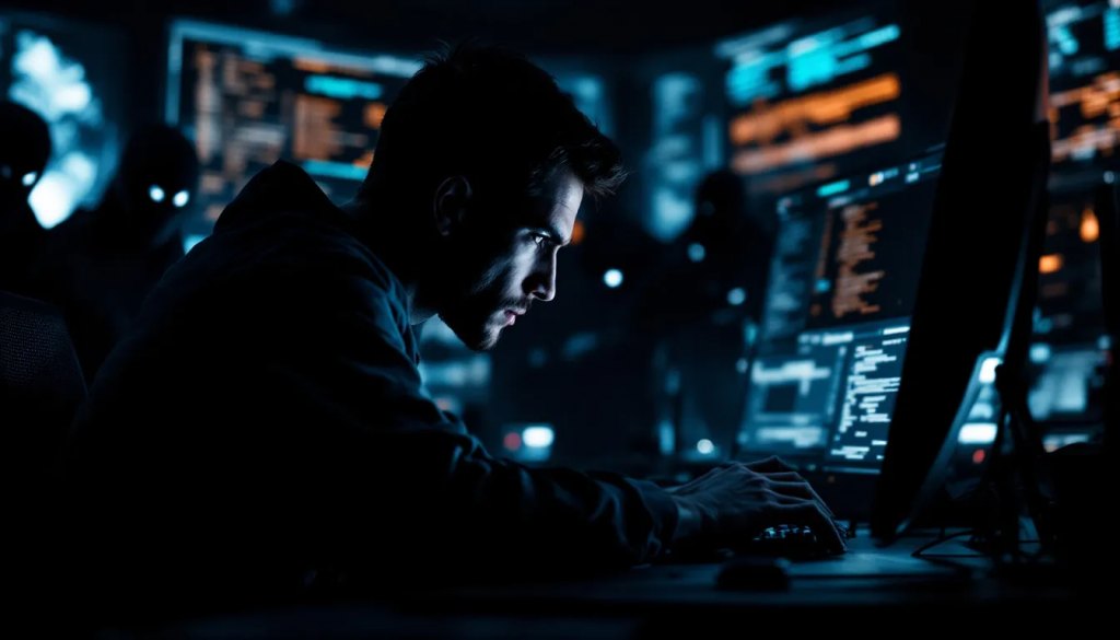 Remotely accessing 3 » admin by request Focused programmer working on a computer in a dark room, surrounded by glowing screens and shadowy figures.