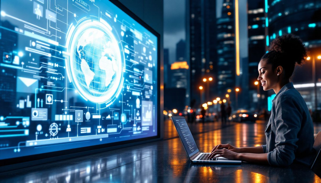 Cloud based remote 2 » admin by request A woman at her laptop in front of a big screen smiling.