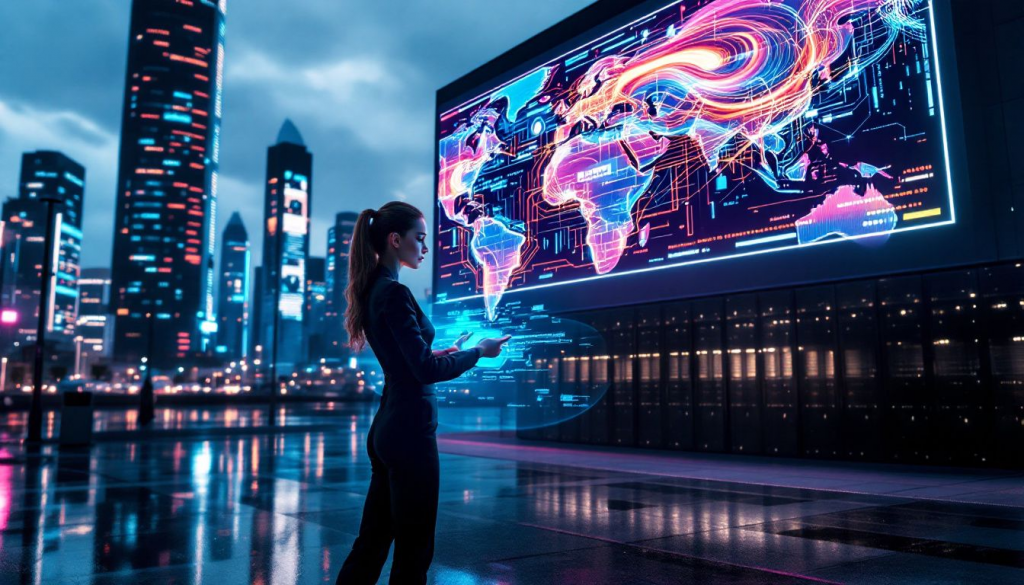 Cloud based remote 4 » admin by request A woman working on a hologram in front of a screen showing the globe, optimizing performance for cloud based remote access.