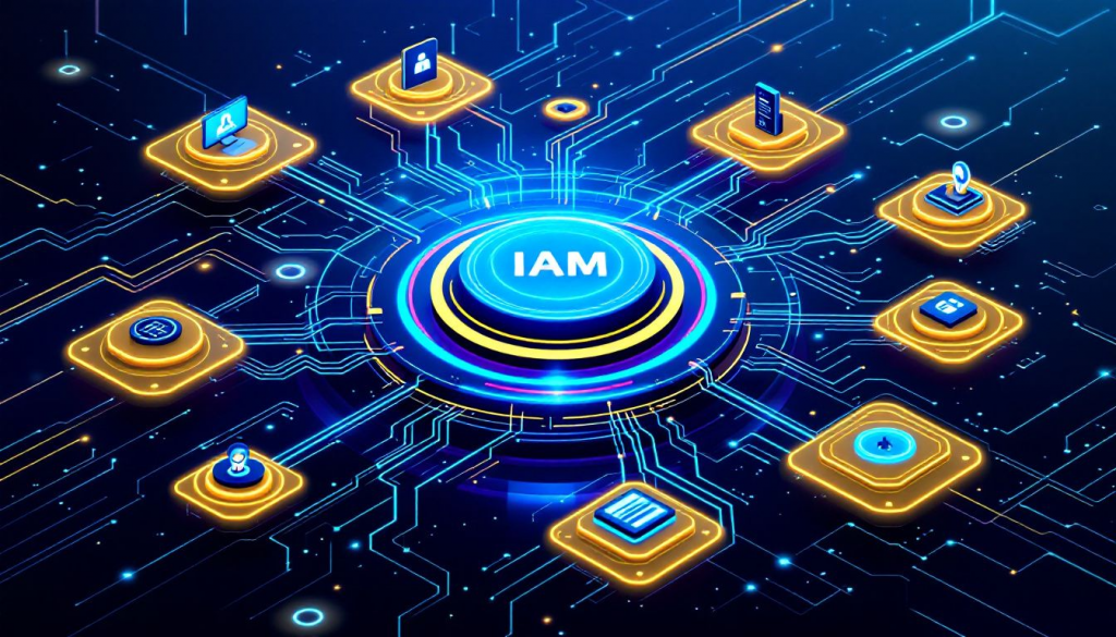Iam 4 » admin by request An access and identity management button surrounded by icons