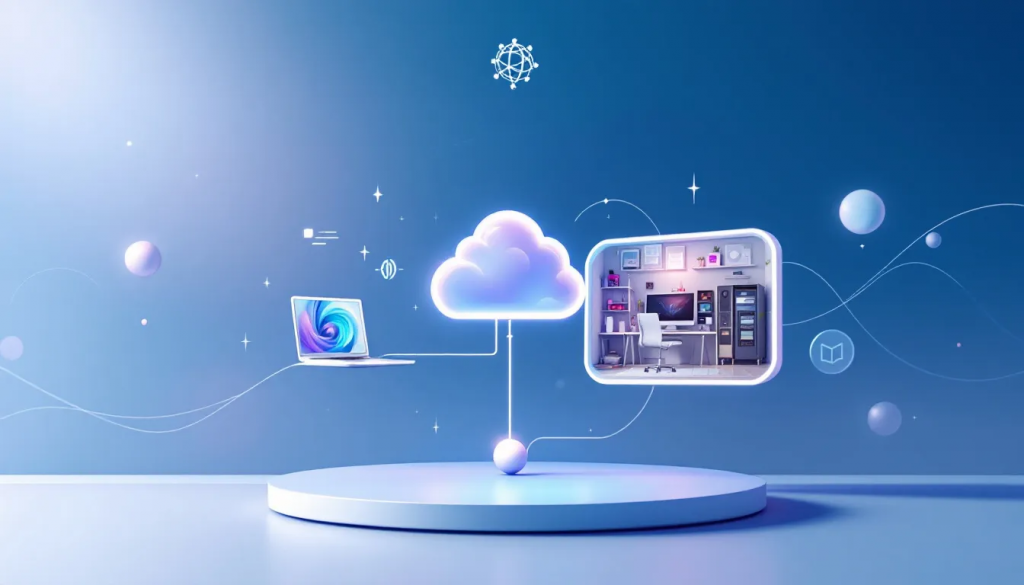 Right remote access 4 » admin by request A cloud floating between a laptop and a floating office.