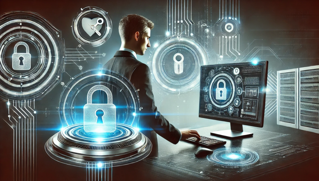 Impact 2 » admin by request A worker at a computer managing endpoint privilege management solutions